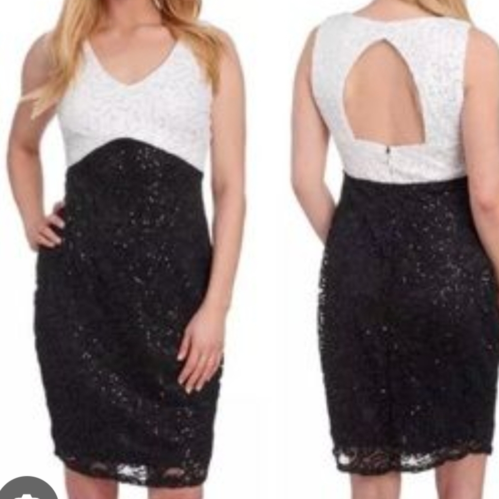 Blu Sage Black and White V-Neck Sheath Dress Cocktail